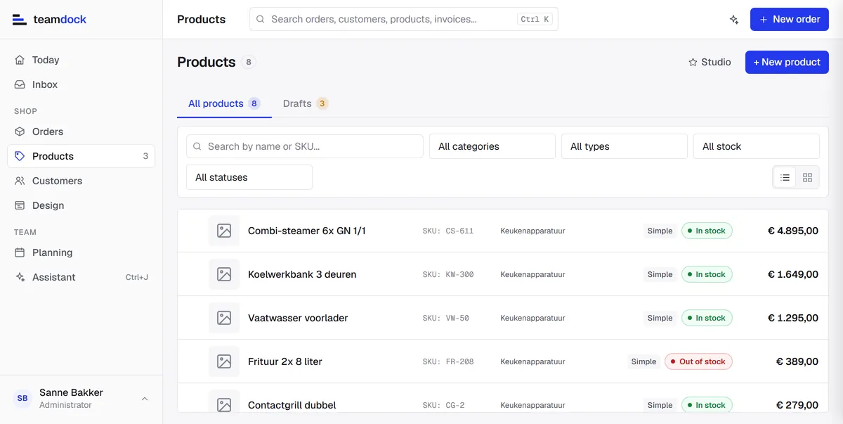The product list with stock, type and price, and a tab for drafts.