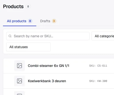 The product list with stock, type and price, and a tab for drafts.