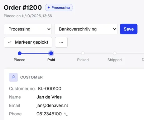An order open beside the order list, with its progress from placed to done.