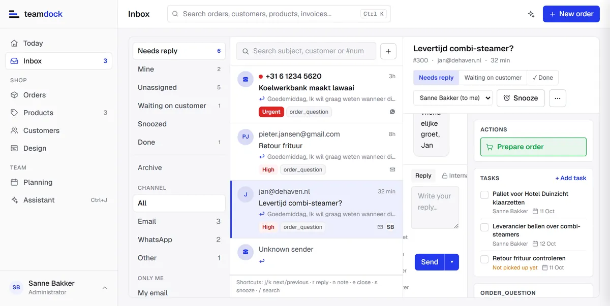 The inbox: views and channels on the left, and an open ticket with its reply box and tasks.