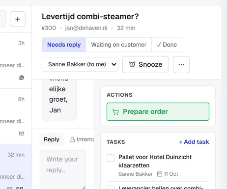 The inbox: views and channels on the left, and an open ticket with its reply box and tasks.