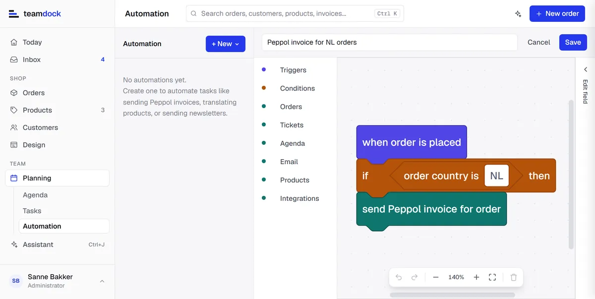 An automation built from blocks: when an order is placed, if the country is NL, send a Peppol invoice.