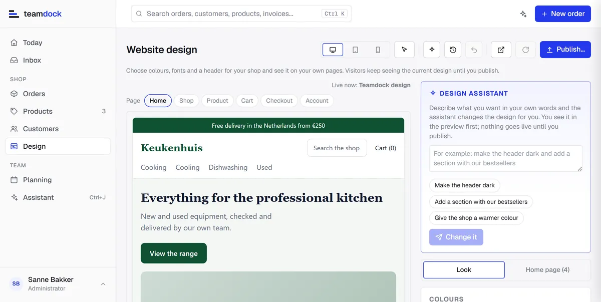 Website design: a preview of the shop's home page beside the design assistant.